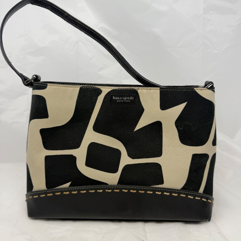 Kate Spade New York Canvas Leather Shoulder Bag Black Cream Abstract Geometric